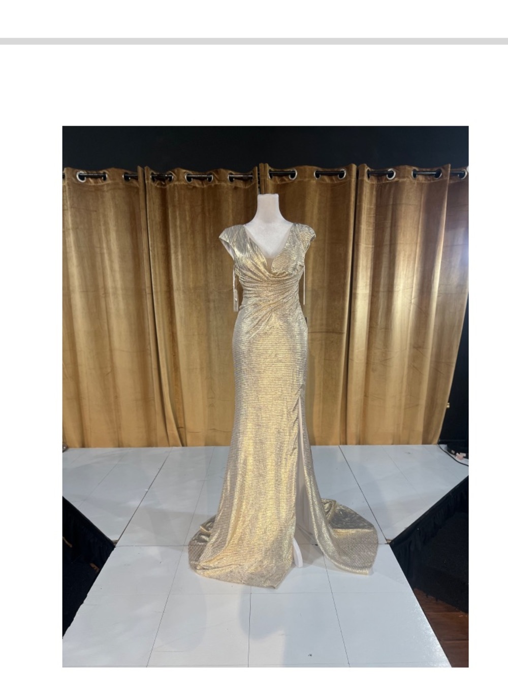 Jovani Gold Metallic V-Neck Ruched Maxi Gown